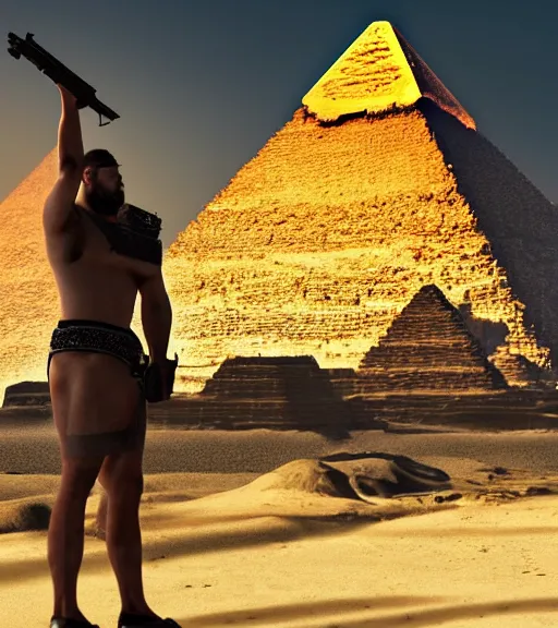 Prompt: a beefy man with a machine gun, egyptian pyramid in the background, 4 k, sharp focus, real life photo, highly detailed, cinematic, photorealistic, cyberpunk