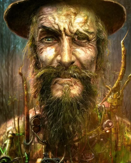 Prompt: a film still extreme close - up shot of an old steampunk wizard in a misty swamp by esao andrews. colorful, vibrant. trending on artstation