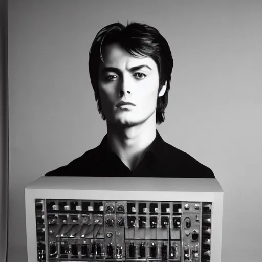 Image similar to stunning symmetrical portrait of alain delon in front of a ( ( ( tall moog!!!!!!!! synthesizer ) ) ), high contrast grainy blank and white photography print ilford warm tone