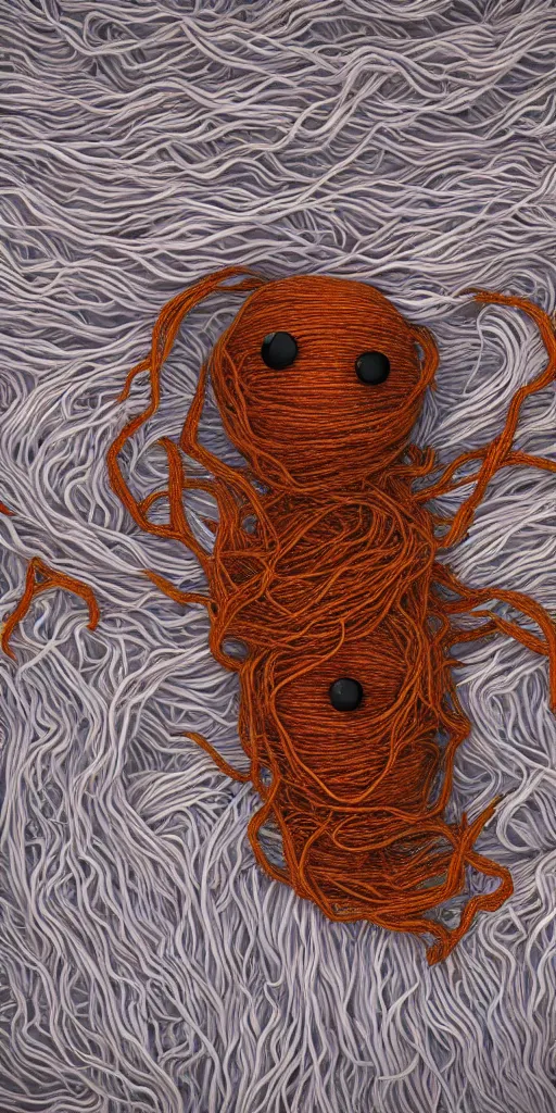 Prompt: The Flying Spaghetti Monster made of yarn with glossy eyes, cinematic, hyper realism, high detail, vibrant threads, octane render, 8k