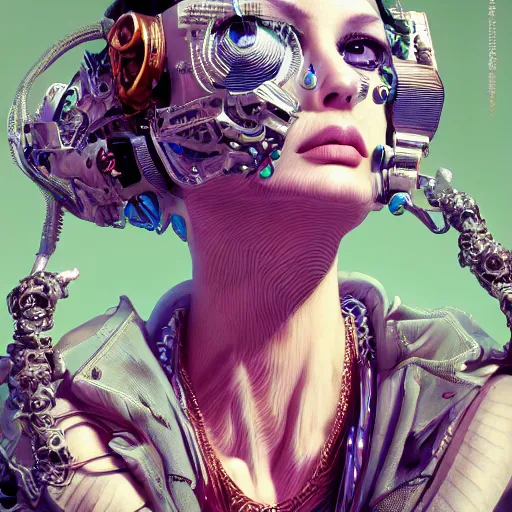 Image similar to the portrait of an absurdly beautiful, graceful, elegant, sophisticated, fashionable cyberpunk gravure idol, an ultrafine hyperdetailed illustration by kim jung gi, irakli nadar, intricate linework, bright colors, porcelain skin, unreal engine 5 highly rendered, global illumination, radiant light, detailed and intricate environment