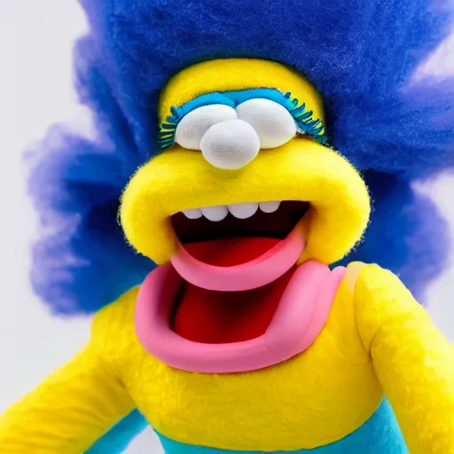 Prompt: marge simpson as a muppet blue hair, yellow skin, green dress. highly detailed felt. hyper real photo. 4 k.