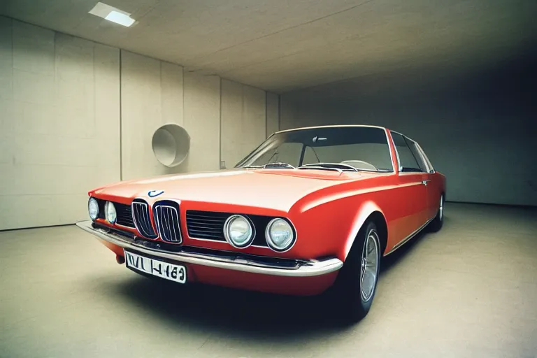 Image similar to single 1964 BMW M1 Lincoln Continental, inside of a minimalist Tokyo garage, ektachrome photograph, volumetric lighting, f8 aperture, cinematic Eastman 5384 film