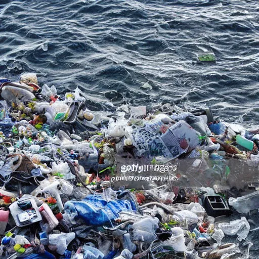 Prompt: small land mass in the middle of trash filled ocean