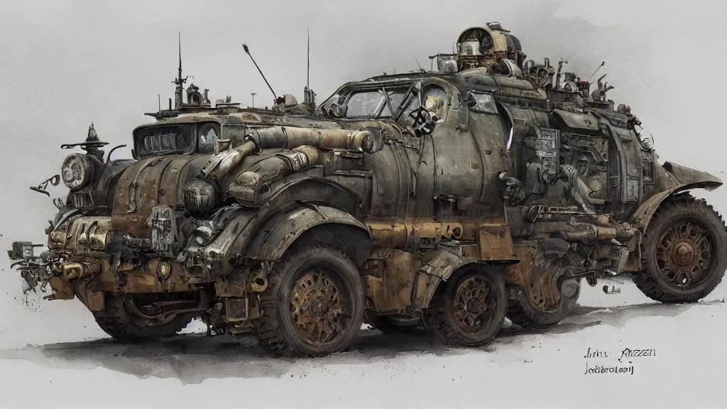 Prompt: overview of dieselpunk vehicle, watercolored, jakub rozalski, dark colours, dieselpunk, artstation