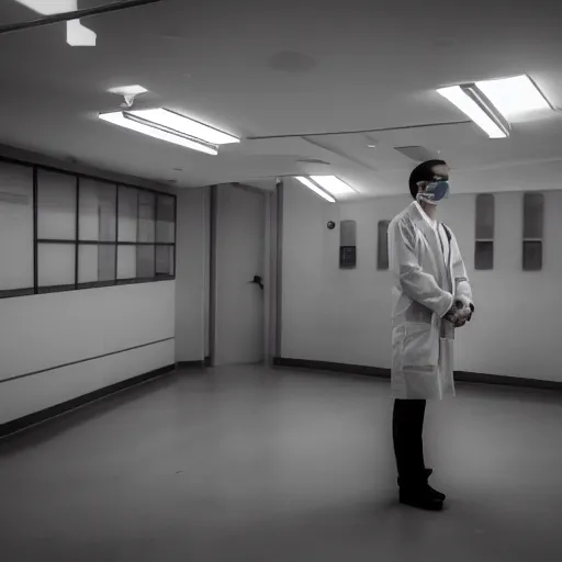 Image similar to a sad surgeon standing in an empty operating theater, award winning photography, law of thirds, black and white
