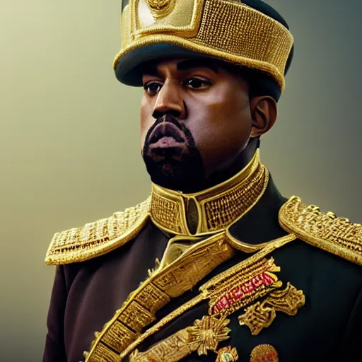 Image similar to kanye west as muammar kadhafi and emperor napoleon, splash art, movie still, detailed face, cinematic lighting, dramatic, octane render, long lens, shallow depth of field, bokeh, anamorphic lens flare, 8 k, hyper detailed, 3 5 mm film grain