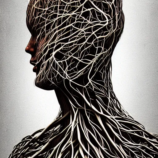 Image similar to digital art, Abstract art, portrait of humain female body made of roots, intricate roots, trending on artstation, -640