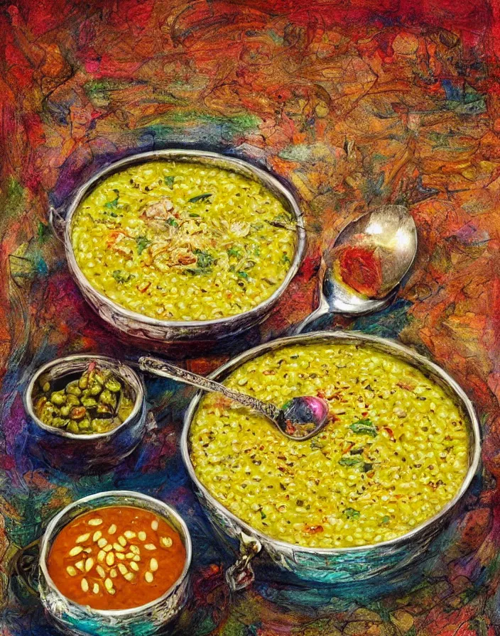 Prompt: mung daal and chowder on lsd, detailed and highly reliefed analogue mixed media collage with canvas texture in style of conteporary art, photorealistic, expressionism, masterpiece, perfect composition, hyperrealistic beautiful face, spectacular quality, intricate oil pastel glow, dynamic lighting, photorealistic, fantasy concept art, ambient lighting, atmospheric, stunning visuals, creative, cinematic, ultra detailed, trending on art station