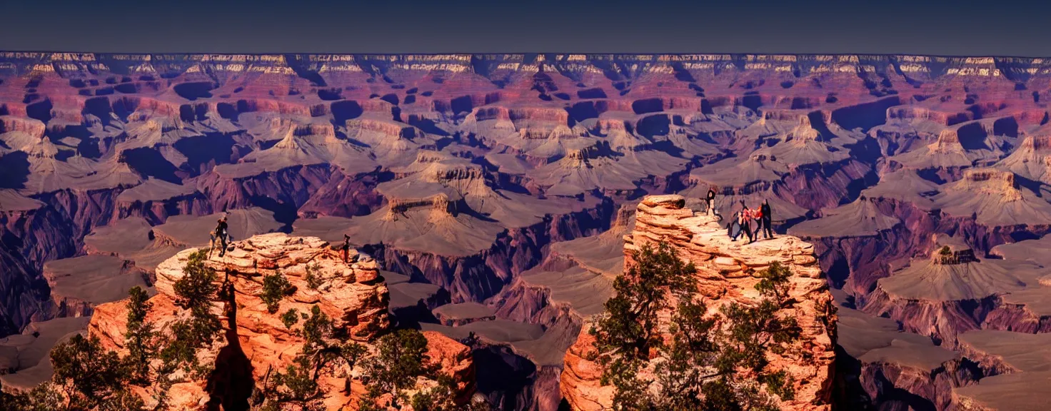 Prompt: Grand Canyon, night scenery, group of tourists and minivan standing at the edge and photographing a big neon-lit figure floating in the sky above the Grand Canyon, beautiful lighting, professional photography