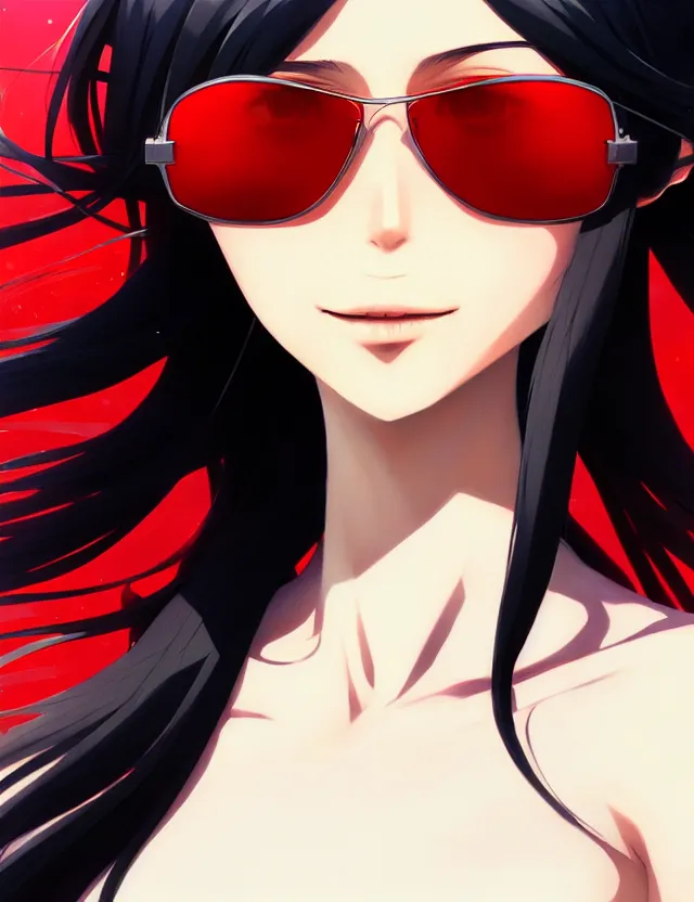 Prompt: a ultradetailed beautiful panting of rin tohsaka with flowing hair, full body portrait, black hair, slim, sun glasses, by conrad roset, greg rutkowski and makoto shinkai, rin, red dress, fate, trending on artstation