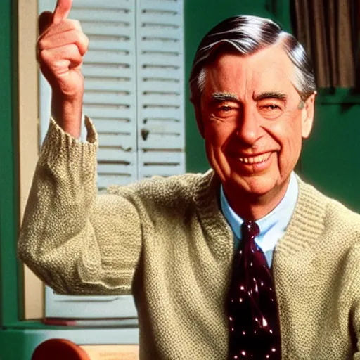 Image similar to mr. rogers doing finger guns, funny color photo