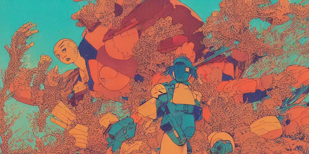 Image similar to risograph grainy drawing vintage sci - fi, satoshi kon color palette, gigantic gundam full - body covered in dead coral reef, 1 9 8 0, kodachrome, natural colors, comicbook spreadsheet, codex seraphinianus painting by moebius and satoshi kon and dirk dzimirsky close - up portrait