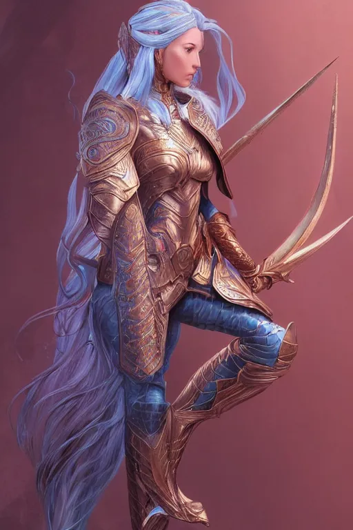 Image similar to a beautiful and highly detailed digital illustration of a female elven paladin with blue hair in rose gold armor, a digital painting by magali villeneuve and karol bak, cgsociety, fantasy art, cryengine, concept art, photorealism, daz 3 d, sketchfab, zbrush, vray