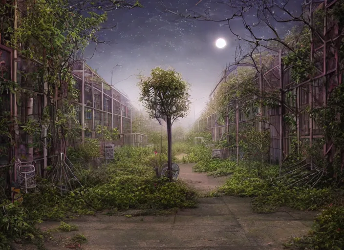 Prompt: trees growing in an abandoned shopping mall, overgrown by flower, vines, at night, overgrown shopping carts, full moon, hyperrealistic, highly detailed, oil painting, intricate, cgsociety, artstation, 8 k, cinematic, muted colors, soft lighting, smooth, sharp focus