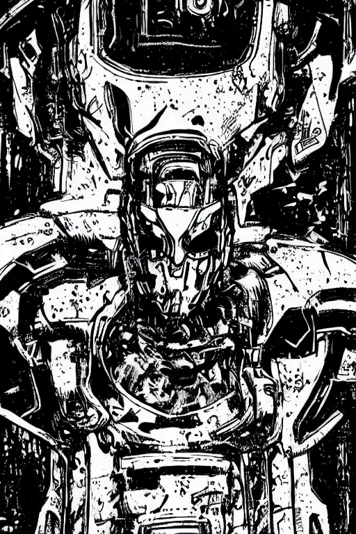 Prompt: ultron, a page from cyberpunk 2 0 2 0, style of paolo parente, style of mike jackson, 1 9 9 0 s comic book style, white background, ink drawing, black and white