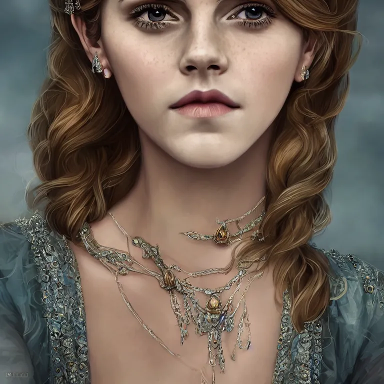 Prompt: emma watson a fantasy portrait of a beautiful noble elf princess with blonde hair and regal jewellry by bowater, symetrical, elegant, 4 k, charlie