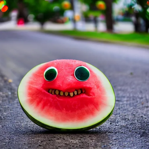 Prompt: watermelon with large eyes and legs walking across the street, front view, dslr photo 70mm