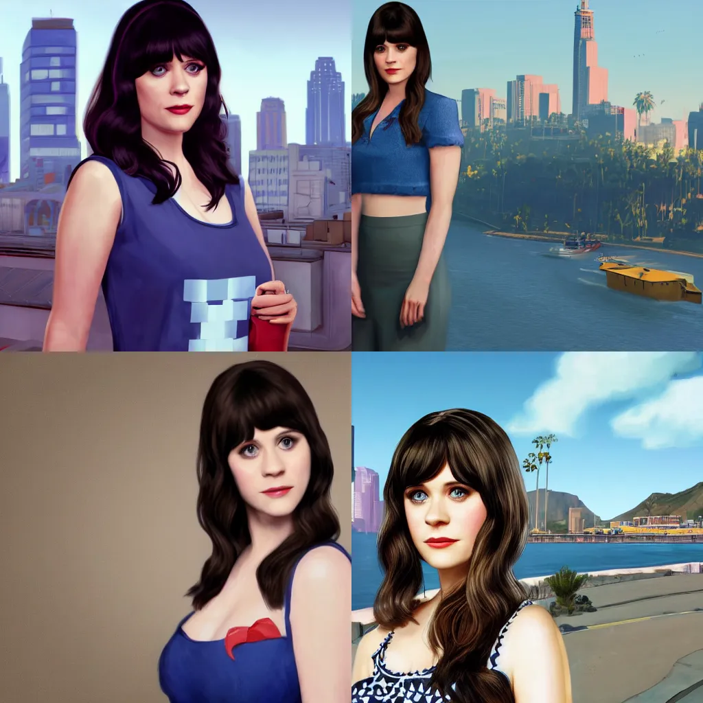 Prompt: zooey deschanle in the gta v loading screen, masterpiece, 8 k, 4 k, art by stephen bliss