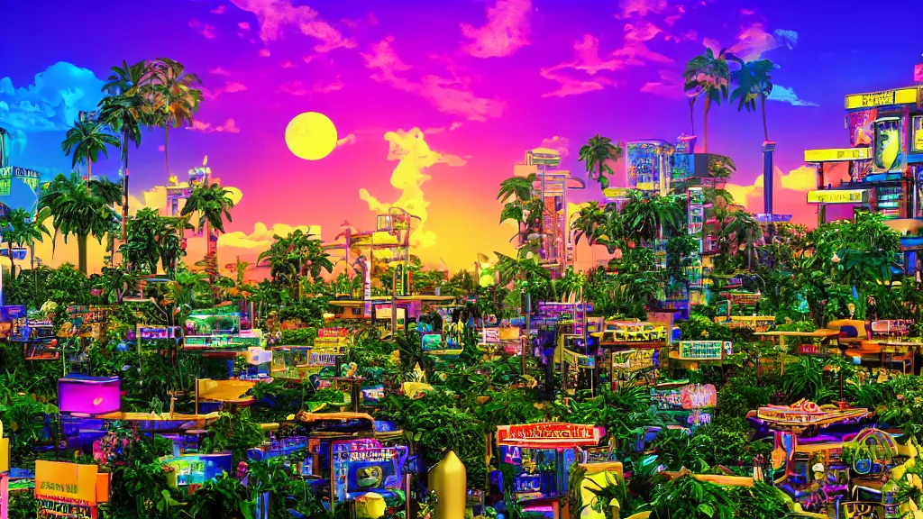 Prompt: golden town in a vaporwave jungle, 4k, ultra realistic, award winning photograph