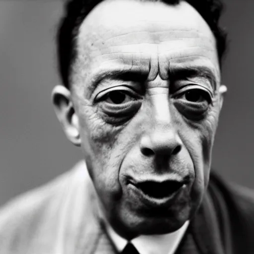 Prompt: 8k black and white photograph portrait of Albert Camus sticking his tongue out. National Geographic.