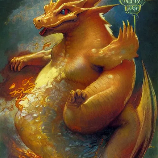 Image similar to highley detailed potrait of charizard the pokemon, painting by gaston bussiere, craig mullins, j. c. leyendecker, lights, art by ernst haeckel, john william godward, hammershøi,