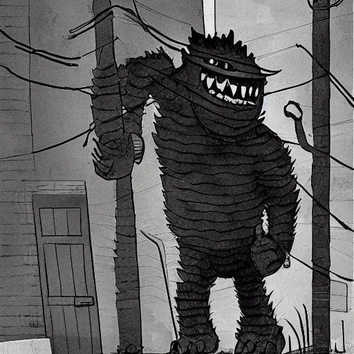 Image similar to A Trevor Hendorson styled monster hiding behind a dumpster in a dark alley with a power line running through it. Grainy, muted colors, hyper detailed, dark, dreary.