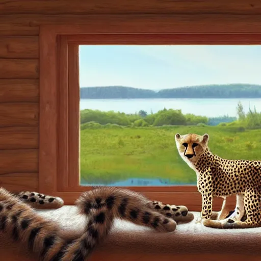 Image similar to a cheetah in a cabin by a lake, artstation, award - winning, serene,