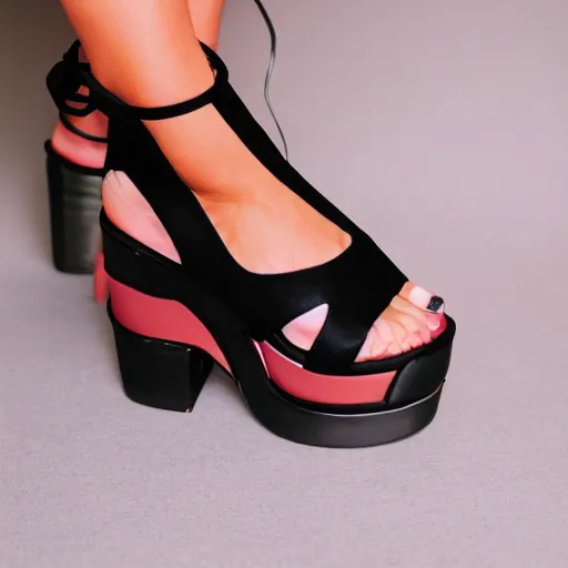 Image similar to woman's feet in black demonia chunky platform sandals, studio light, 8 k