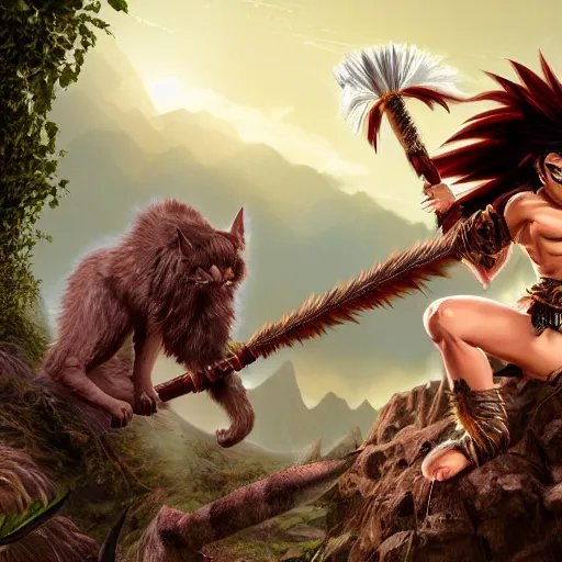 Image similar to barbarian warrior woman with chimera cat tail, cat tail, furry tail, barbarian pelt, cavewoman, black hair, electrified hair, wild spiky black saiyan hair, surrounded by electrical aura, prowling around primeval jungle, palm trees, rocks, mountains, red sky, hyperdetailed, ultra high definition, realism, 4 k, frank frazetta