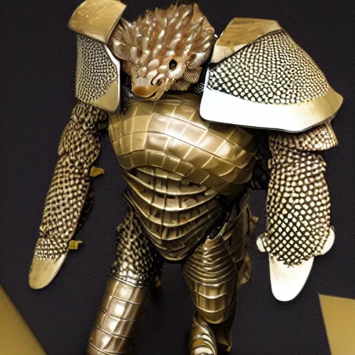 Prompt: a humanoid Pangolin armored knight with metallic armor that looks similar to a pangolin and biotechnology mesh