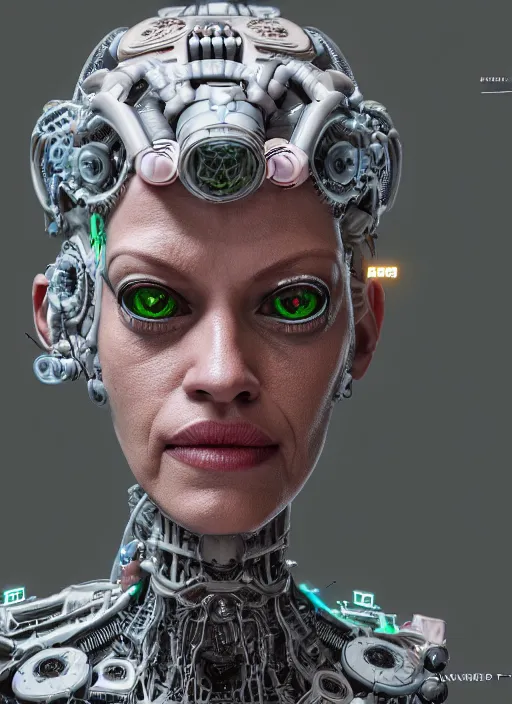 Image similar to 35mm portrait of a 7 of 9 borg with face implants on the background of a weird magical mechanical forest. Round gears visible inside her hear. Very detailed 8k. Fantasy cyberpunk horror. Sharp. Unreal 5 render with nanite, global illumination and path tracing. Cinematic post-processing