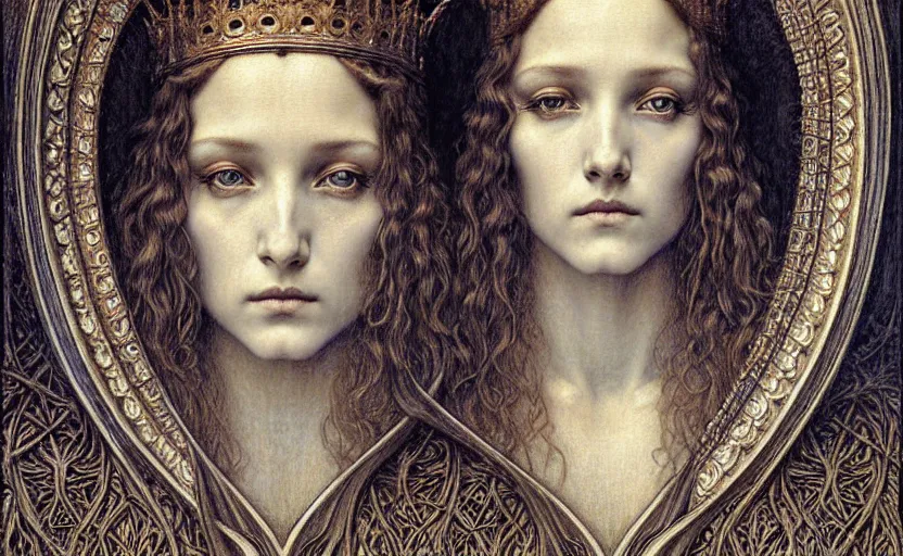 Image similar to detailed realistic beautiful young medieval queen face portrait by jean delville, gustave dore and marco mazzoni, art nouveau, symbolist, visionary, gothic, pre - raphaelite. horizontal symmetry