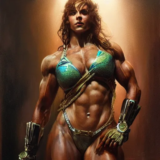 Prompt: : handsome portrait of a amazonian woman bodybuilder posing, radiant light, caustics, war hero, metal gear solid, by gaston bussiere, bayard wu, greg rutkowski, giger, maxim verehin