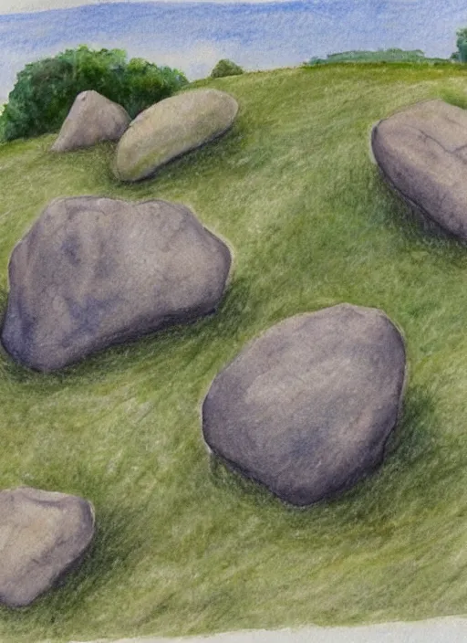 Prompt: a drawing of some rocks in a field, a watercolor painting by eliot hodgkin, pinterest, american scene painting, watercolor, wimmelbilderbuch