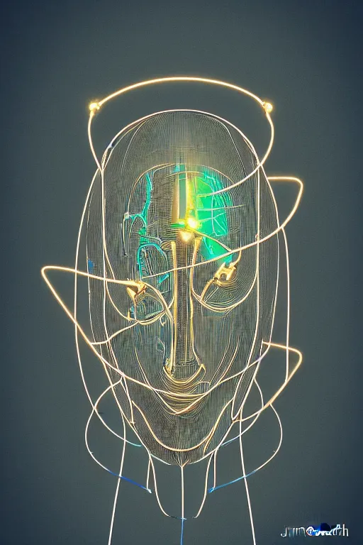 Image similar to organic cyborg head wrapped in barb wire by Jamie Coreth, trending on artstation, centered, symmetrical, cinematic lighting, hologram colors, bilateral symmetry, 80s poster, polished, thick smoke, retro dark vintage sci-fi, 2D matte illustration
