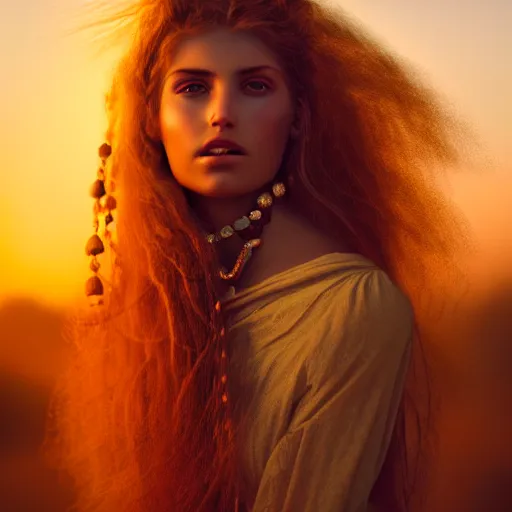 Image similar to photographic portrait of a stunningly beautiful gypsy female in soft dreamy light at sunset, contemporary fashion shoot, by edward robert hughes, annie leibovitz and steve mccurry, david lazar, jimmy nelsson, breathtaking, 8 k resolution, extremely detailed, beautiful, establishing shot, artistic, hyperrealistic, beautiful face, octane render