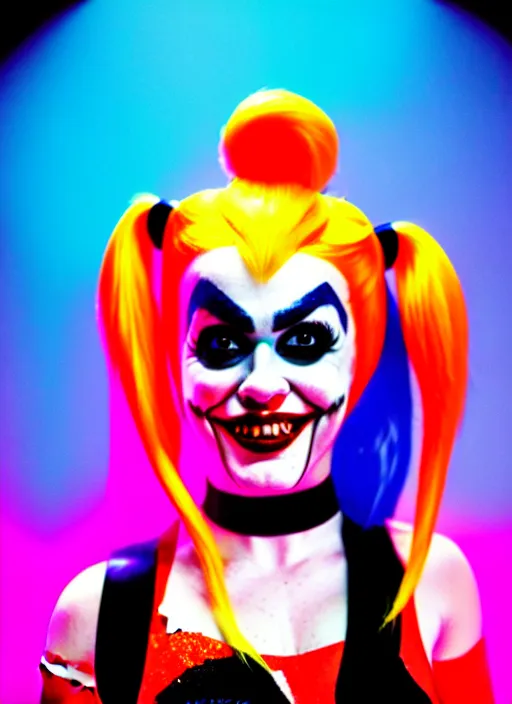 Image similar to kodak portra 4 0 0 of wendy's mascot wendy thomas as harley quinn, neon mood 8 k, soft light, volumetric lighting, highly detailed, 1 5 0 mm lens, elegant, vhs still photo realistic skin, backlit texture