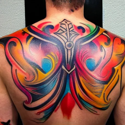 Prompt: a picture of my new back tattoo of a muscular back, bright colorful ink