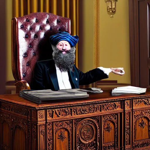 Image similar to professional portrait of Vermin Supreme sitting in the oval office desk, 8k, very intricate, very detailed, cinematic,