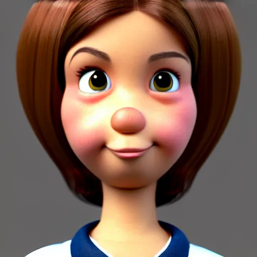 Image similar to A portrait of a plump woman, a cute 3d cgi toon woman with brown hair in a Bob, no bangs, brown eyes, full face, olive skin, romanian heritage, medium shot, mid-shot, hyperdetailed, 8k, trending on artstation, as a Pixar character