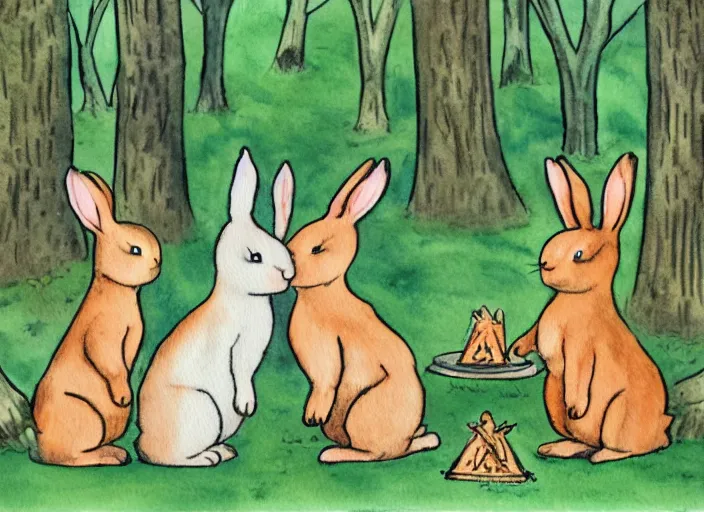 Image similar to old kids book illustration of bunnies doing a demonic ritual in a small cute forest. watercolor painting.