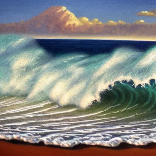 Image similar to beautiful waves crashing on the beach of hawaii, tropical setting, detailed oil painting, 1 9 2 0 ’ s colored pencil, highly detailed, highly accurate, deep aesthetic, 8 k, highly ornate intricate details, cinematic lighting, rich colors, beautiful scenic view, ray tracing, hyperrealistic, photorealistic, cinematic landscape, trending on artstation, concept art,