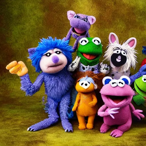 Image similar to a chibi fox muppet druid character wearing a hooded cloak holding a small muppet manatee in one arm and a muppet dinosaur cat in the other arm with a small herd of random muppet animals following behind, sesame street, photograph, photography, ultrarealistic, national geographic