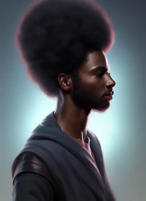 Image similar to photographic portrait of an handsome young black man with an afro, atmospheric lighting, elegant, highly detailed, digital painting, artstation, concept art, sharp focus, star wars, illustration, art by artgerm and greg rutkowski