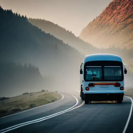 Image similar to white - blue bus on misty highway scene, the sun shining through the mountain peaks