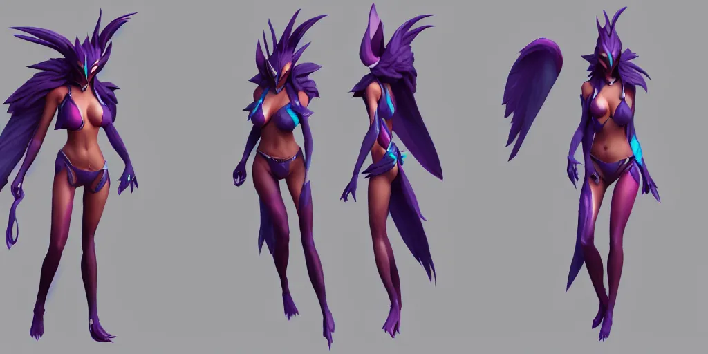 Image similar to Character sheet of gorgeous pool party xayah (League of Legends). 3d octane render trending on artstation