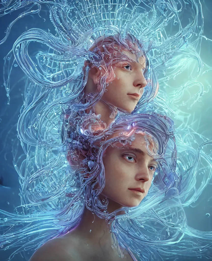 Image similar to close-up macro portrait of the face of a beautiful princess, epic angle and pose, symmetrical artwork, 3d with depth of field, blurred background, cybernetic jellyfish female face skull phoenix bird, translucent, nautilus, energy flows of water and fire. a highly detailed epic cinematic concept art CG render. made in Maya, Blender and Photoshop, octane render, excellent composition, cinematic dystopian brutalist atmosphere, dynamic dramatic cinematic lighting, aesthetic, very inspirational, arthouse. y Greg Rutkowski, Ilya Kuvshinov, WLOP, Stanley Artgerm Lau, Ruan Jia and Fenghua Zhong