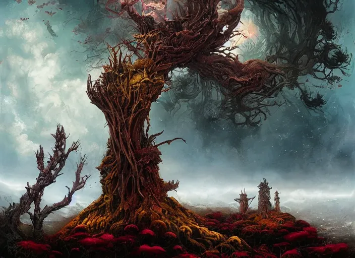 Prompt: landscape resembling the goblet tarot card, highly detailed, cinematic, 8 k, by megan duncanson, benjamin lacombe, adrian borda, stanley artgermm, tom bagshaw, craig mullins, carne griffiths, ayami kojima, beksinski, giger, trending on deviantart, hyper detailed, horror, full of colour