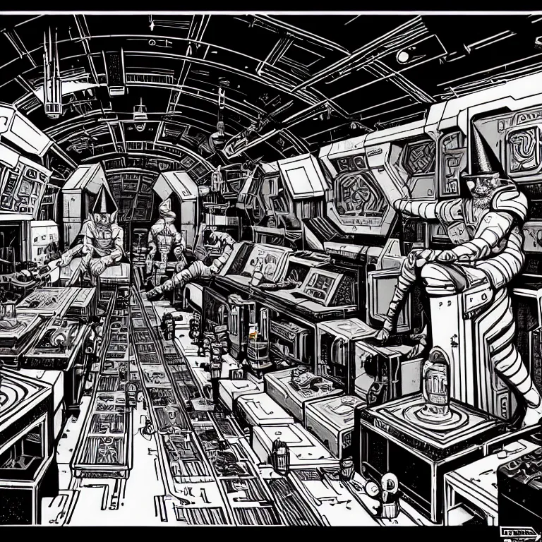 Image similar to ancient alchemist wizards laboratory inside of a spaceship, high details, lineart, by vincent di fate, inking, 3 color screen print, masterpiece, trending on artstation, sharp, high contrast, hyper - detailed, hd, 4 k, 8 k